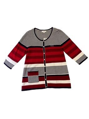 MARIE-CLAIRE nautical cardigan navy blue white striped red knit Large coastal